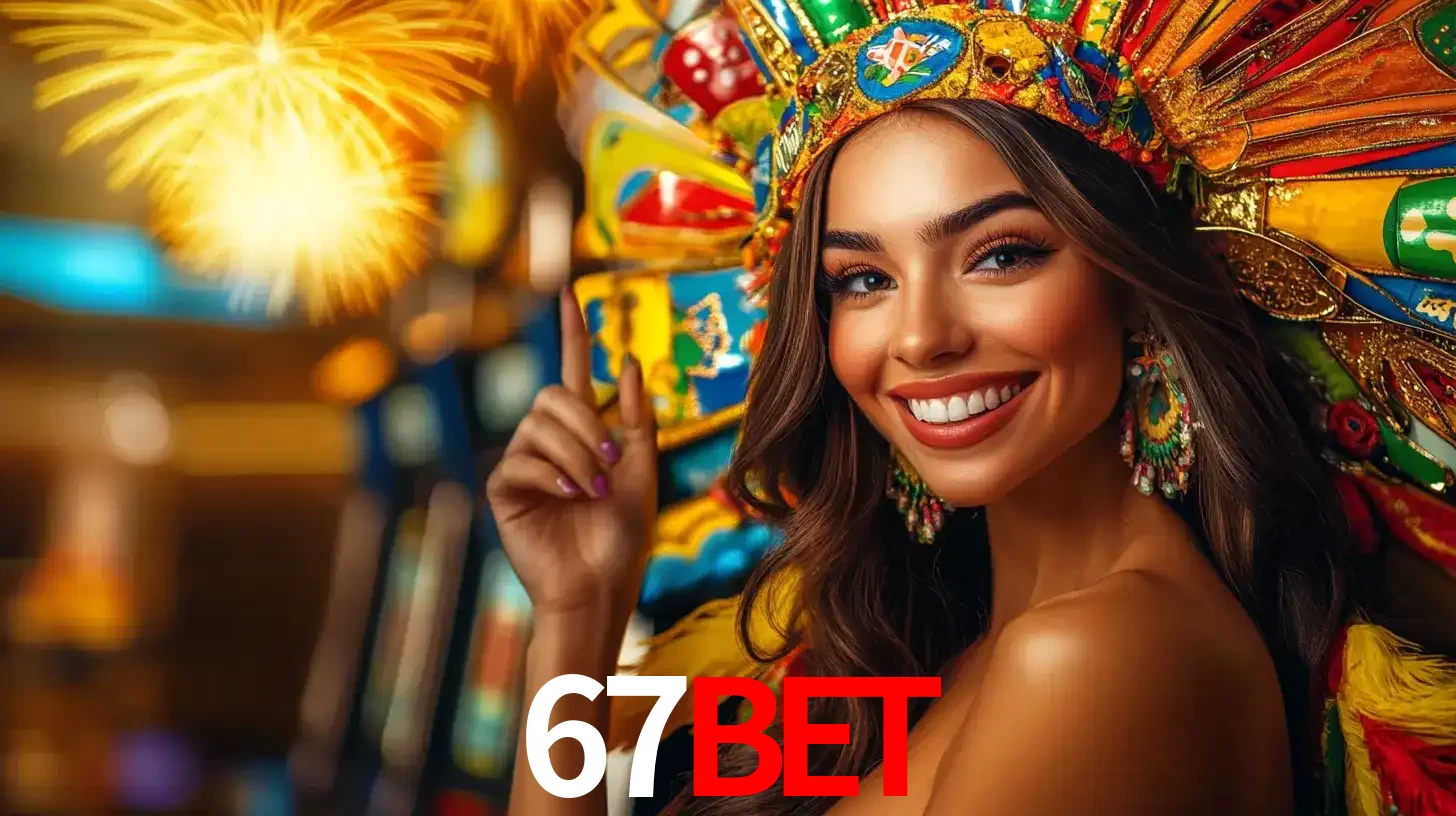 Mulher sorridente com um cocar de carnaval vibrante e colorido, celebrando uma grande vitória nos jogos do cassino 67BET com fogos de artifício ao fundo.