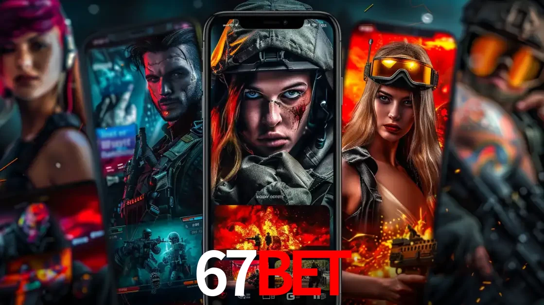 Montagem de telas de celular mostrando diversos personagens, masculinos e femininos, de um jogo de tiro, ilustrando a diversidade de equipes de e-sports para apostar no 67BET.