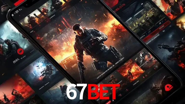 Tela de um celular exibindo uma galeria de jogos de tiro com temática militar, mostrando a variedade de e-sports disponíveis para apostas na plataforma de entretenimento 67BET.