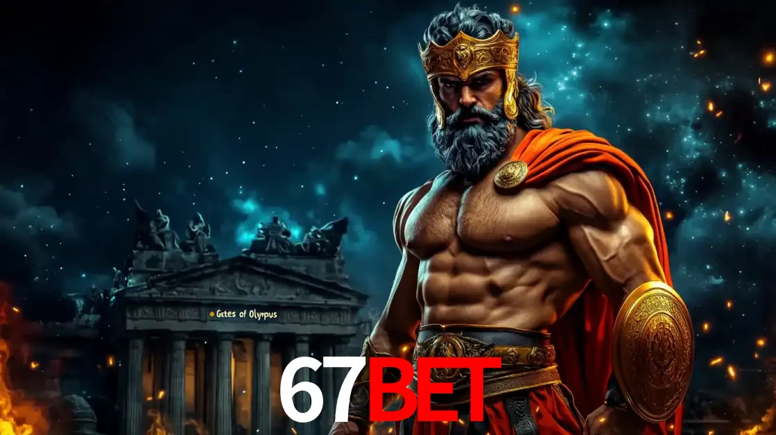 O poderoso Zeus do jogo de slot Gates of Olympus em frente ao seu templo, pronto para lançar multiplicadores divinos e prêmios épicos no cassino online 67BET.