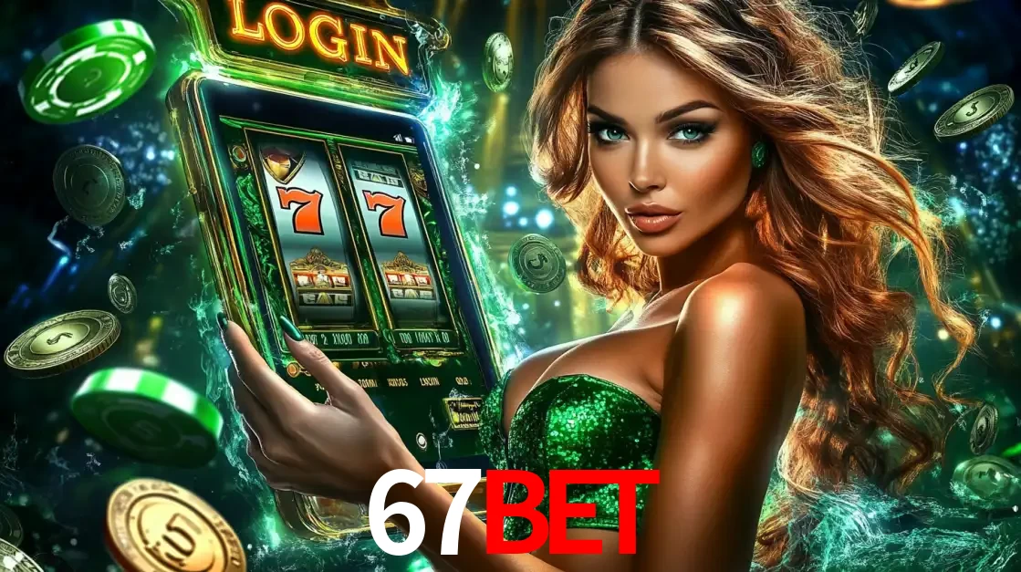 Mulher com tema verde apresentando o aplicativo do cassino 67BET com um jogo de slot de 777, cercada por fichas de cassino e uma aura de sorte.