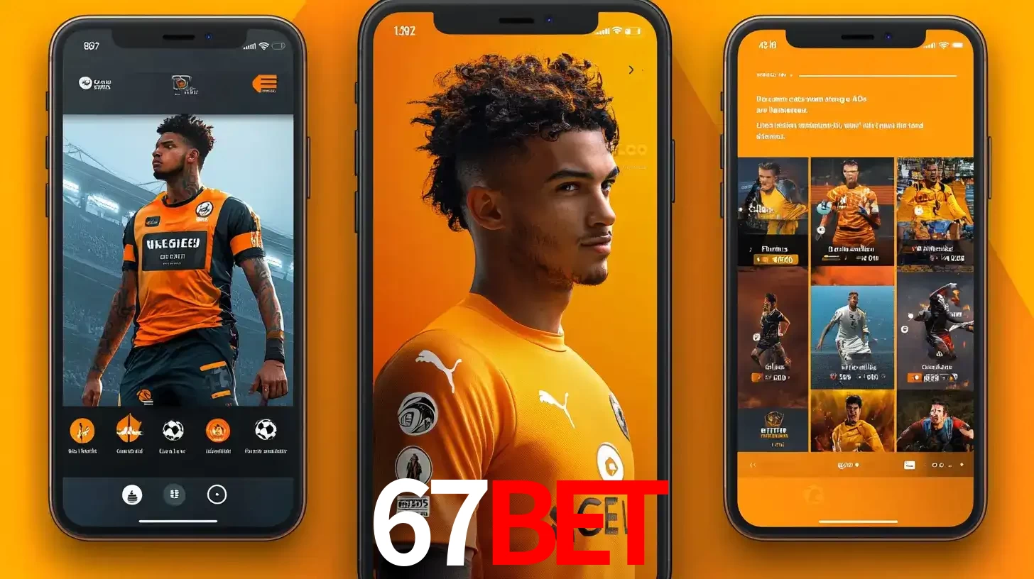 Interface do aplicativo de apostas esportivas 67BET em três telas de celular, mostrando o perfil de um jogador de futebol e a lista de jogos disponíveis para apostar.