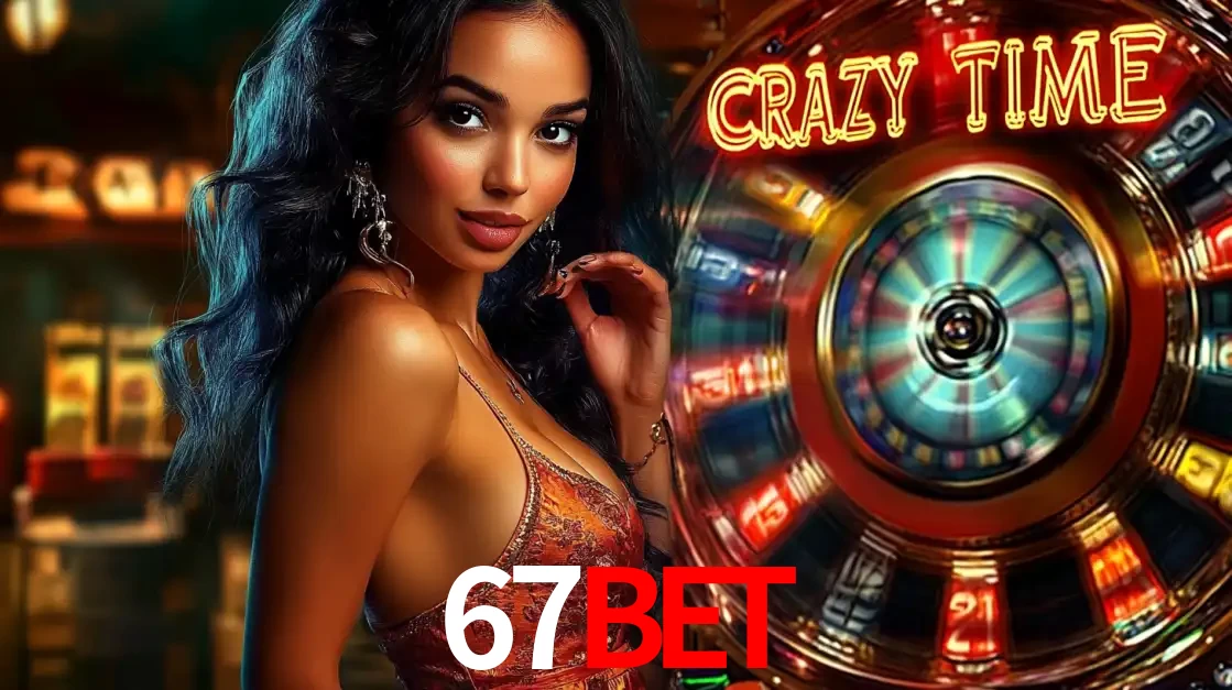 Mulher elegante ao lado da vibrante roda da fortuna do jogo de cassino ao vivo Crazy Time, um dos game shows mais populares e cheios de prêmios do 67BET.