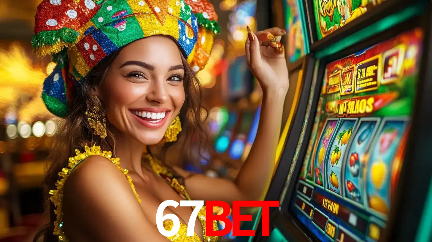 Mulher feliz com traje de carnaval amarelo e colorido ao lado de uma máquina de caça-níqueis, aproveitando a diversão e os jogos temáticos do cassino 67BET.